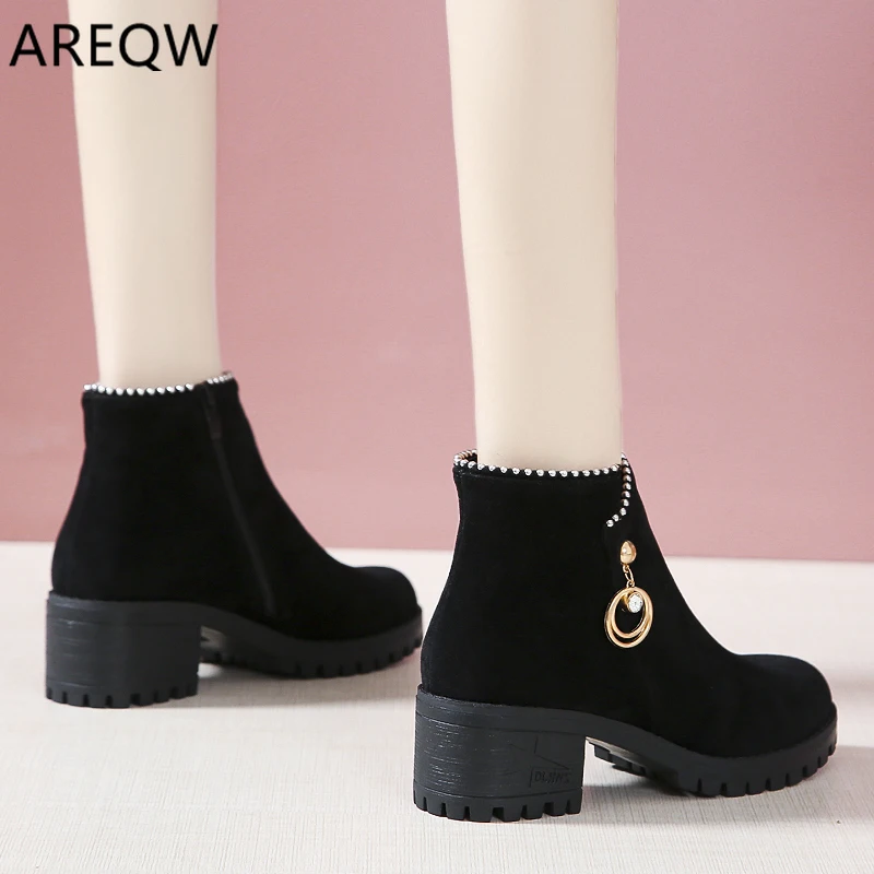 Autumn Winter Warm Women Ankle Boots Square High Heels Leather Boots Pointed Martin Boots Casual Pumps