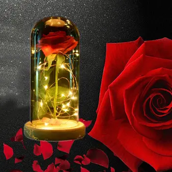 

New Beauty and the Beast Red Wooden Base Rose Dome with LED Light in a Glass for Valentine's Mother's Day Gifts Drop Shipping/