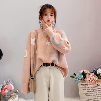 

2020 Autumn Winter Women Pullover Thicken Warm Knitted Sweater Female Stars moon Sweaters Ladies Jumper