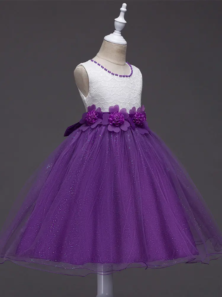 Skyyue Flower Girl Dress Elegant Lace Bow Kid Party Gowns Purple Blue White Sleeveless Wedding Communion Dresses for Girls 715