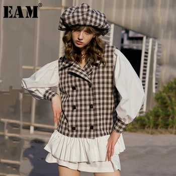 

[EAM] Loose Fit Plaid Split Joint Ruffles Jacket New Lapel Long Lantern Sleeve Women Coat Fashion Tide Spring 2020 1S016