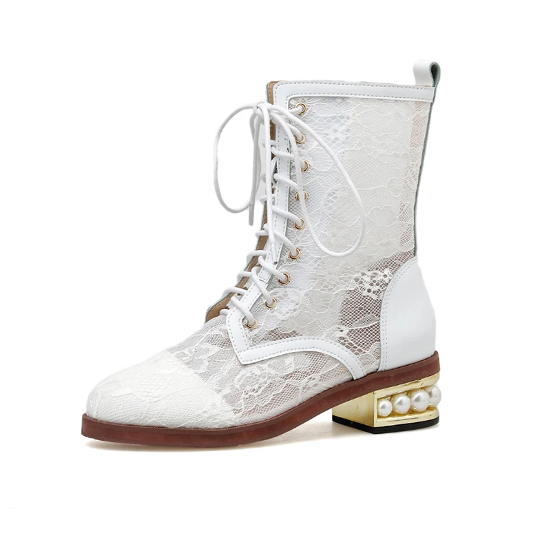 

Women Hollow Out Short Boot Round Toe Air Mesh Lace-up Boots Summer Breathable Mid-calf Boots White Shoes Pearl Square Heel