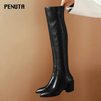 

2020 PENUTA Over Knee Boots Womens Chunky High Heel Long Leather Boots Pointed Toe Winter Shoes Women Black High Booties B0013