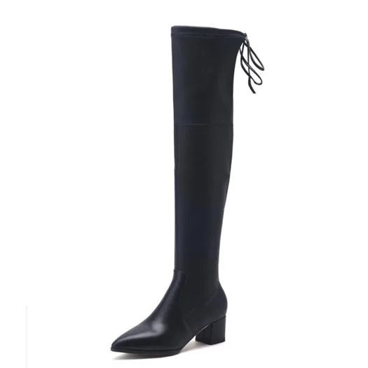 Black leather suede slim thigh women boots high heel long chunky black shoes lace up ladies winter pointed toe over the knee tall thick - Color: Black leather
