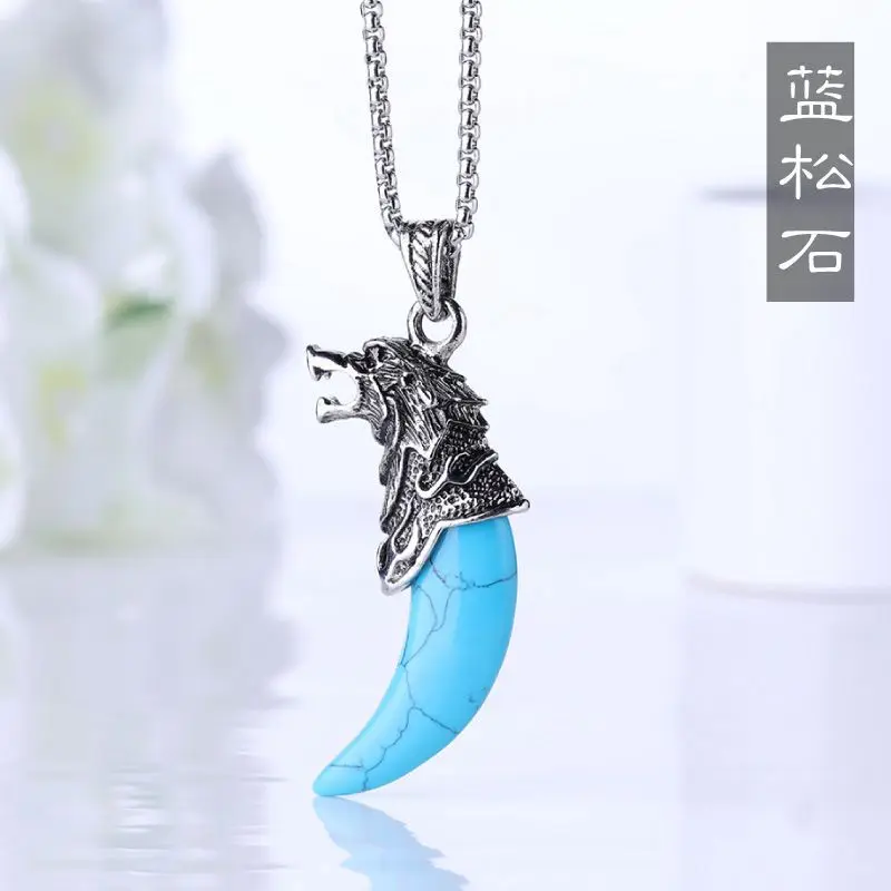 

Natural Blue Turquoise Hand Carved Wolf Teeth Pendant Fashion Jewelry Men's and Women's 925 Silver Inlaid Necklace Accessories
