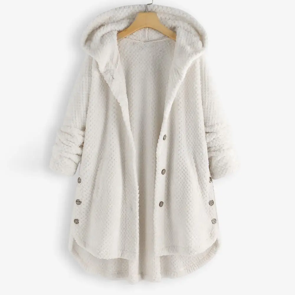 Плюшевое флисовое пальто размера плюс 5XL Женское зимнее пушистое пальто модное повседневное однотонное пальто с капюшоном и пуговицами из искусственного меха шерстяное пальто женское пальто