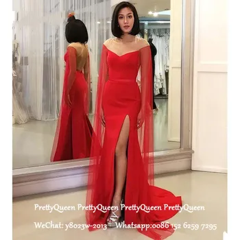

Red Formal Evening Dress With Cap Ribbon Sexy Backless Sheer Neck Robe De Soiree Mermaid Long Sweep Train Prom Dresses