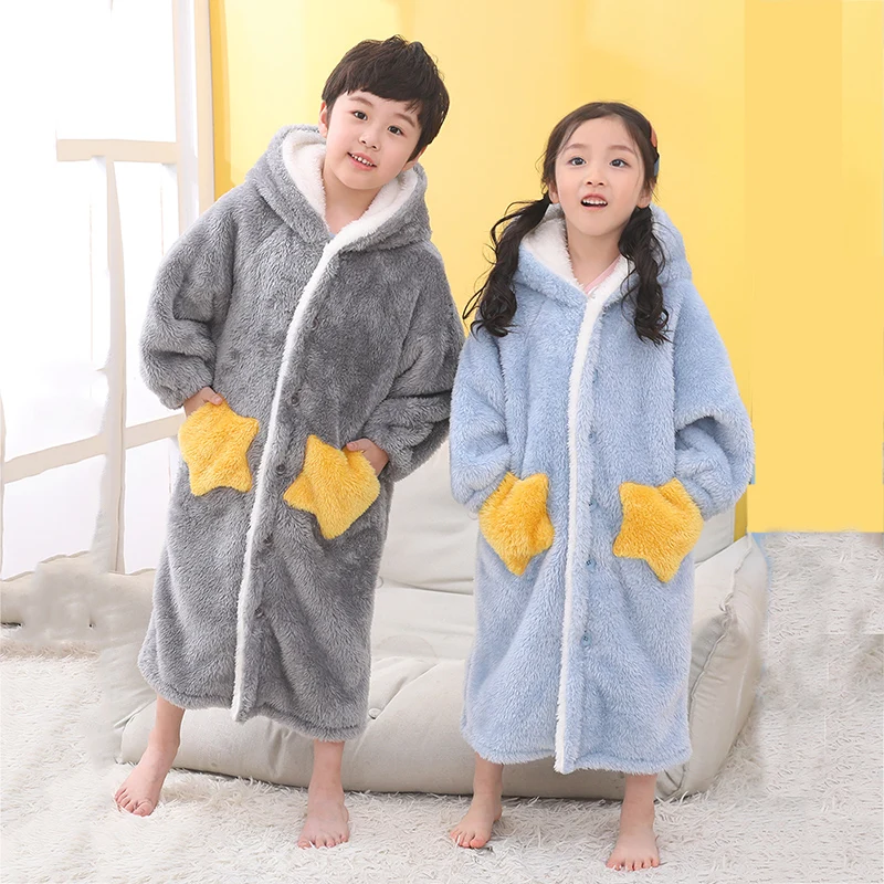 

Kids Flannel Bathrobe Shower Girl Coral Fleece Pajamas Sleepwear Baby Boy Winter Hooded Towel Robes Teens Pyjamas Warm Nightgown