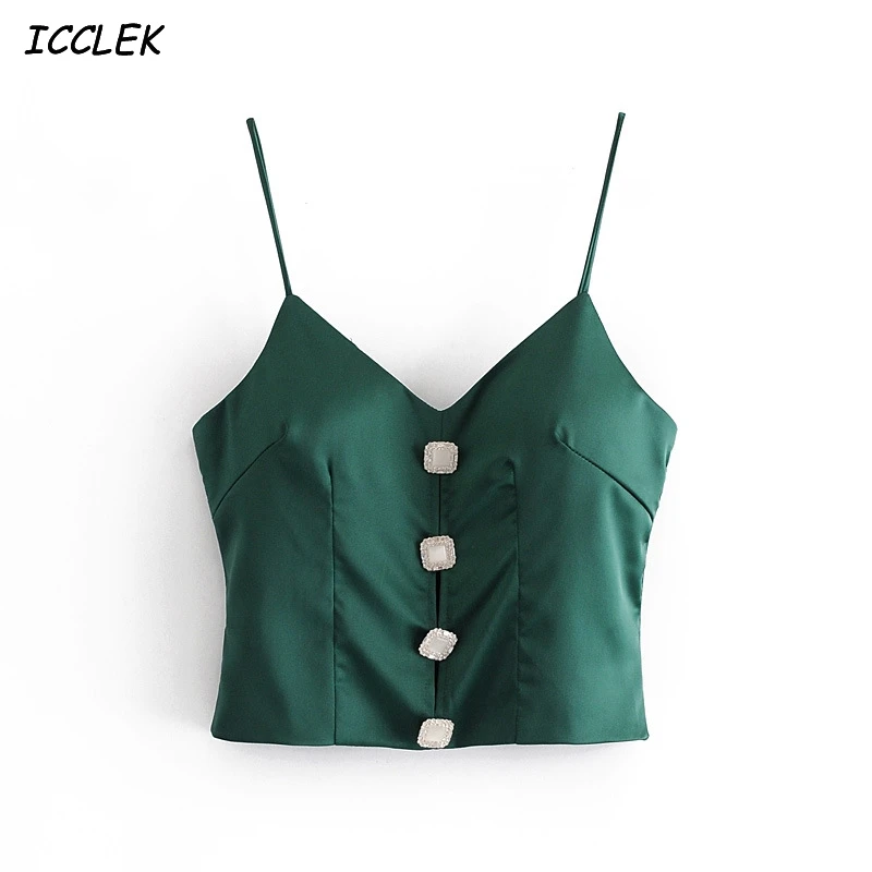 

Christmas Green Women's Tank Tops Sexy Club Srreetwears Za 2020 Crop Tops Party Female Vests Imitation Diamond Button Camisoles