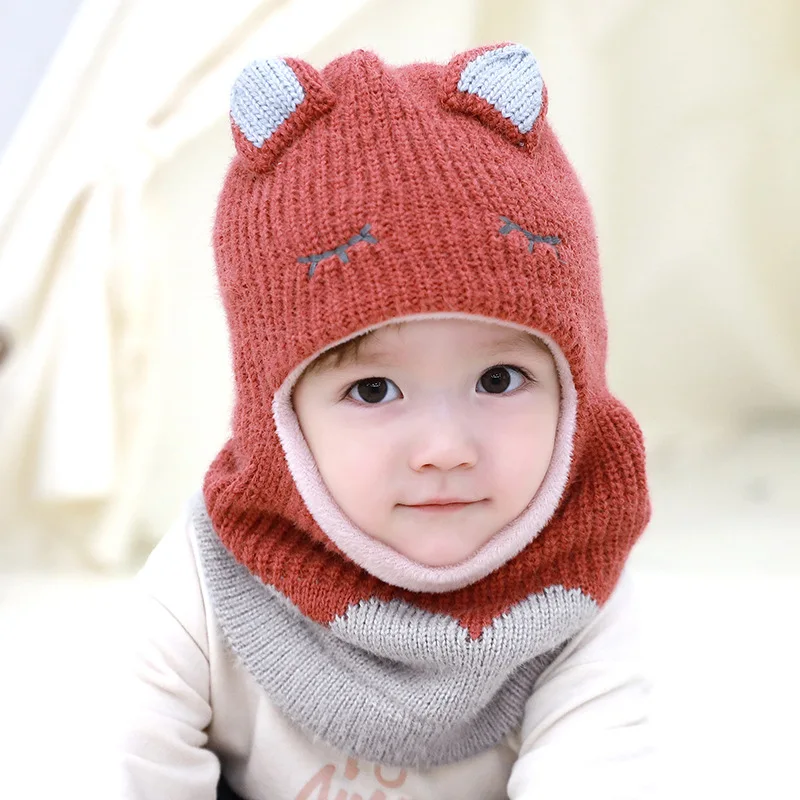 Детские шапки, осенние и зимние вязаные наушники, шапки для мальчиков и девочек, шарф плюс бархатная теплая ветрозащитная шапка, детская шапка haτ - Цвет: Красный