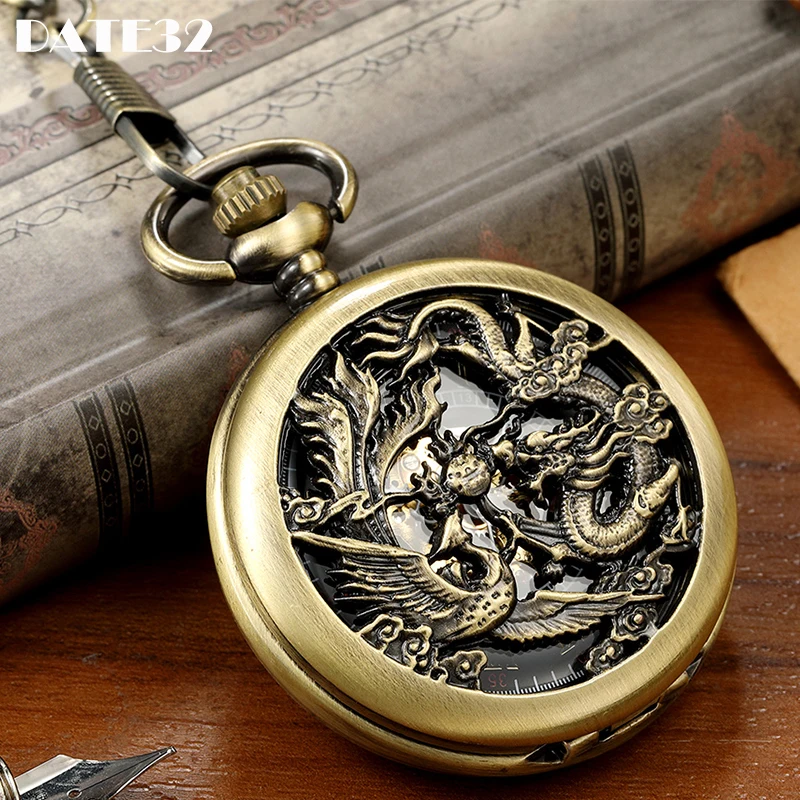 

Roman Numerals Dial Mechanical Pocket Watch Antique Fob Chain Dragon Pattern Hollow Engraved Case Clock for Men Dropshipping