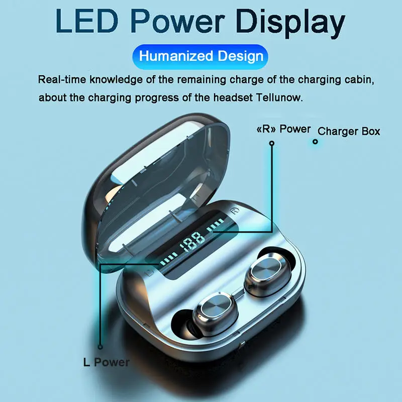 TWS 5 0 Bluetooth Earphones LED1200mAh Charging Box Earbuds Waterproof With Mic Wireless Sport Headphone Bass