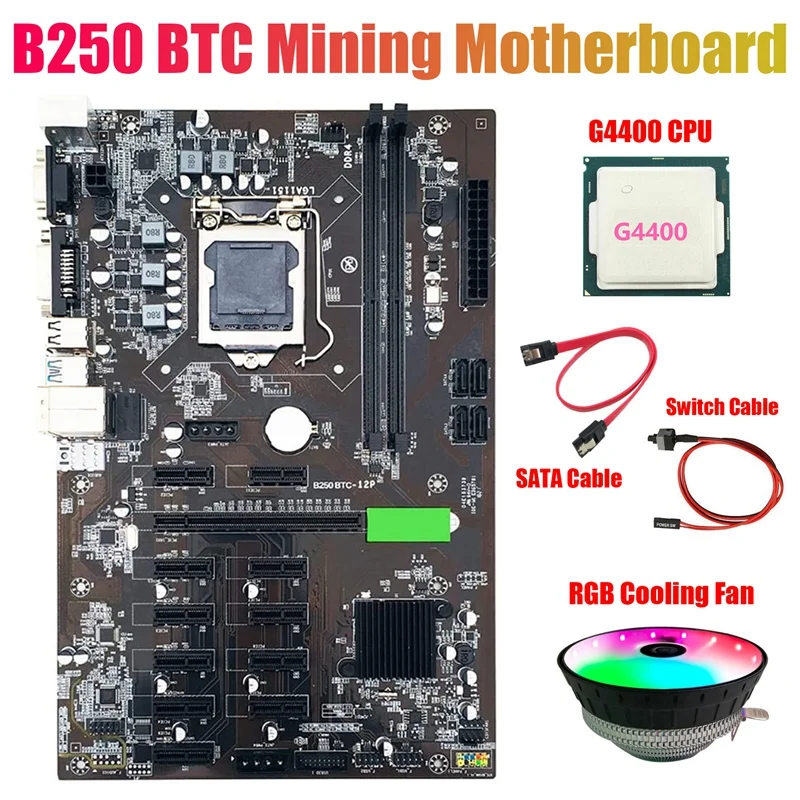 B250 BTC Mining Motherboard with G4400 CPU+RGB Fan+SATA Cable+Switch Cable 12XGraphics Card Slot LGA 1151 DDR4 for | Компьютеры и офис