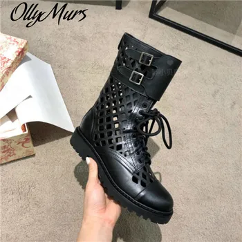 

Hollow Hole Platform Boots Lace Up Design Brand Boots Women White Black Short Boots Luxury Shoes Woman Real Leather Botas Mujer