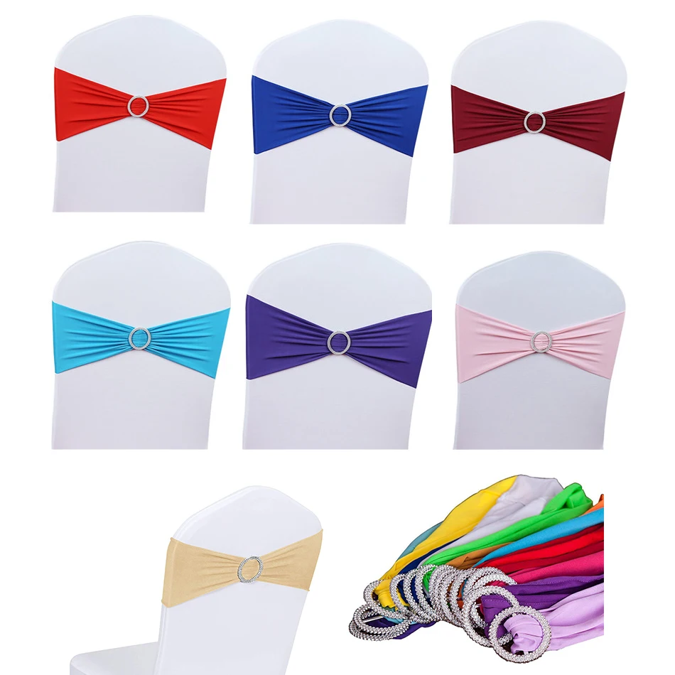 

12pcs/lot Wedding Chair Bow Tie Spandex Lycra Round Buckle Cover Sash Bands Wedding Party Birthday Chair Decoration Chair Sash