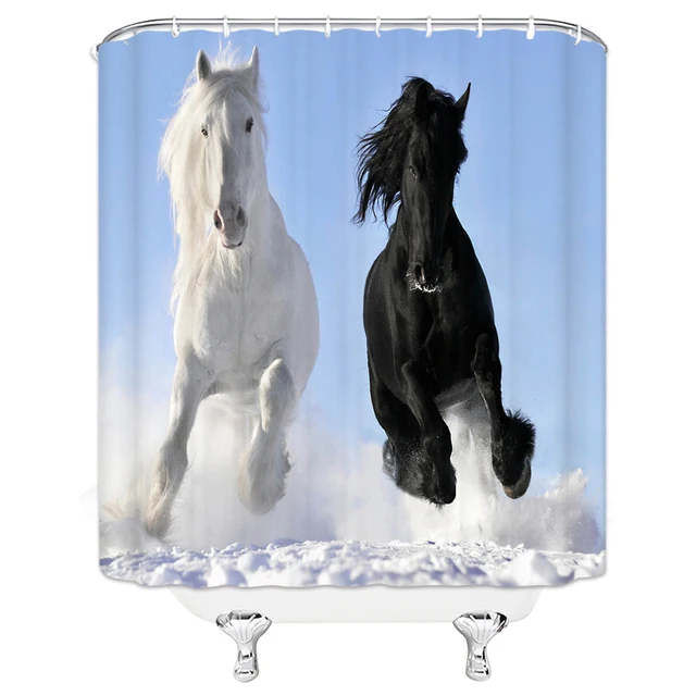 Black White Horse Shower Curtains Strong Animal Running on the Snow Bathroom Decor Home Bathtub Waterproof Polyester Curtain Set G3125
