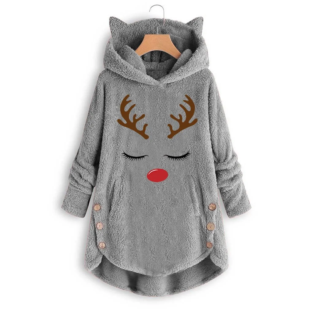 Женский свитер с капюшоном и кошачьими ушками, большой размер, длинный рукав, на пуговицах, теплый пуловер, Рождественский Повседневный модный свитер, 19Nov05