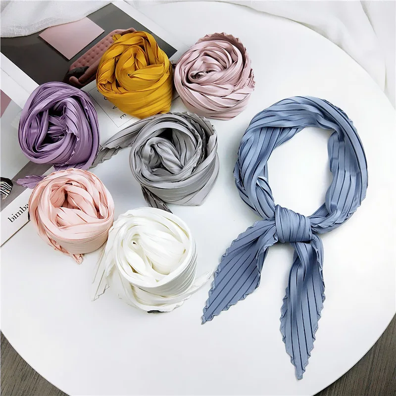 

70*70cm Solid Pleated Stretchy Square Crinkle Silk Satin Small Neck Scarf Women Fashion Decoration Crumple Neckwear Handkerchief
