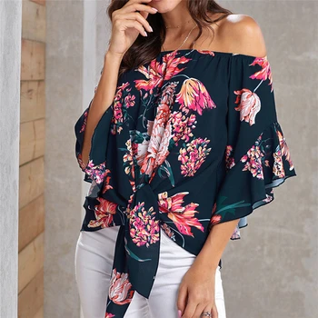

Lusofie Slash Neck T Shirt Flowers Loose Top Sexy Cold-shoulder tshirt Women Knot Tops Tee Half Sleeve Tee Shirts Lady Top