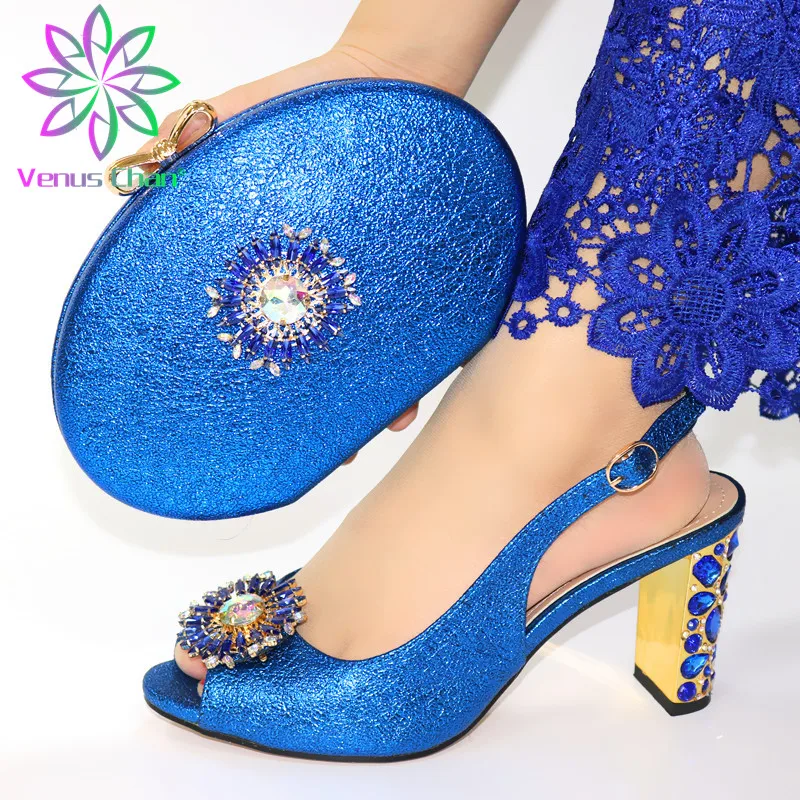 Zapatos azules de moda con bolso a juego fiesta de boda, zapatos de tacón y bolsa para mujer, novedad AliExpress Calzado