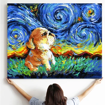 

WANGART Pug Art Starry Night Art Print Dog Lover Gift Cute Art Pup Puppy Wooden Scroll Painting Animal Frame Canvas Print Home