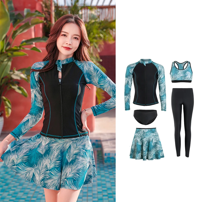Long Sleeve Rash Guard Women Print 5 Piece Swimsuit Zipper Swimwear