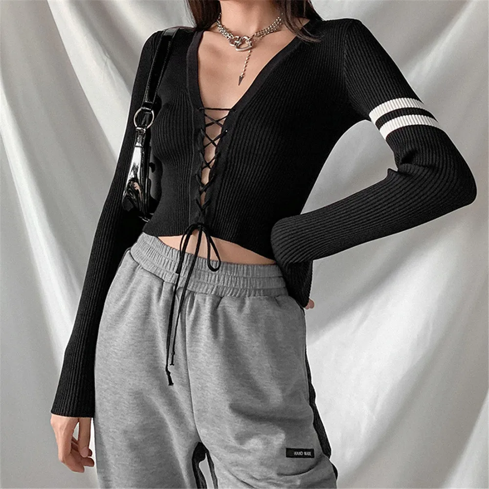 

Women Sexy Black Hollow Out Lace-Up Long Sleeve Crop Top V-Neck Slim Knitted T-Shirt Female Ladies Spring Clothing