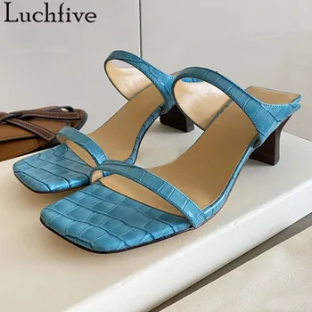 

Textured Open Toe Women Slippers Wide Hoof Heels Shoes Woman One Belt Summer Slides Blue Zapatos Mujer