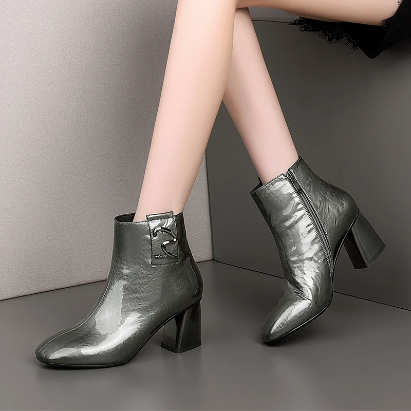 

Square head handmade women's boots European and American fashion classic Coarse heel high 6.5cm zipper metal color women's shoes