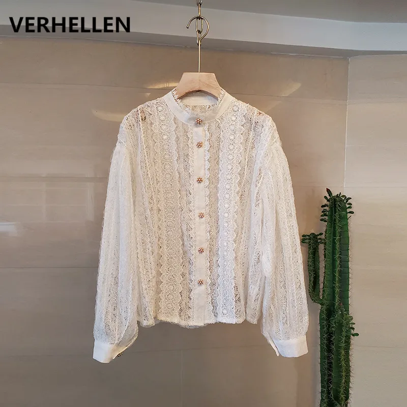 VERHELLEN High Quality Luxury Designer Runway Shirts 2020 Spring Women's Long Sleeve Pearl Button Lace Embroidery Loose Blouses | Женская