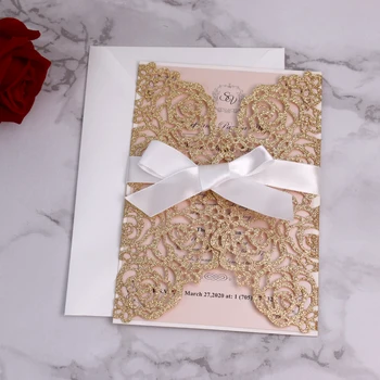 

50pcs Rose Gold Glitter Laser Cut Invitation Cards with Light Pink Insert for Wedding Printable Quinceanera Invitations ribbon