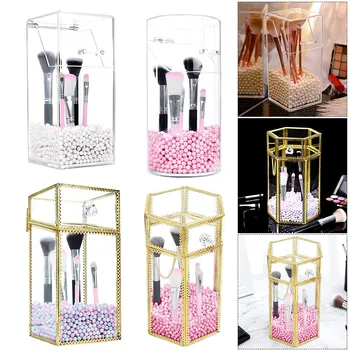 

Clear Makeup Brush Storage Box Bucket with Cover Cosmetic Organizer Pearls Holder Barrel Make Up Tools Pen Holder Rack