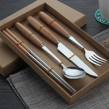

2/4pcs Cutlery Set with Wooden Handle Protable Luxury Dinner Set Chopsticks/Spoon/Fork/Knife Gift Box Dinnerware Sets