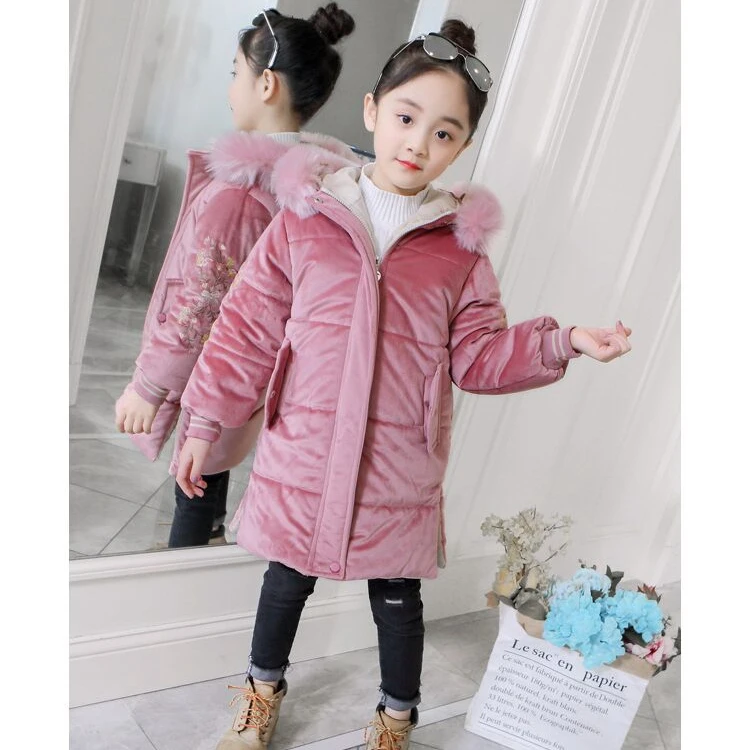 Зимние куртки для маленьких девочек, 20 градусов детское утепленное хлопковое пальто с меховым капюшоном и бархатом верхняя одежда для девочек