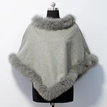 

Real Fur overCoats Winter wool cashmere cape Women s long Waterproof fox Fur collar shawl tailored casual thick Warm 2019 grey
