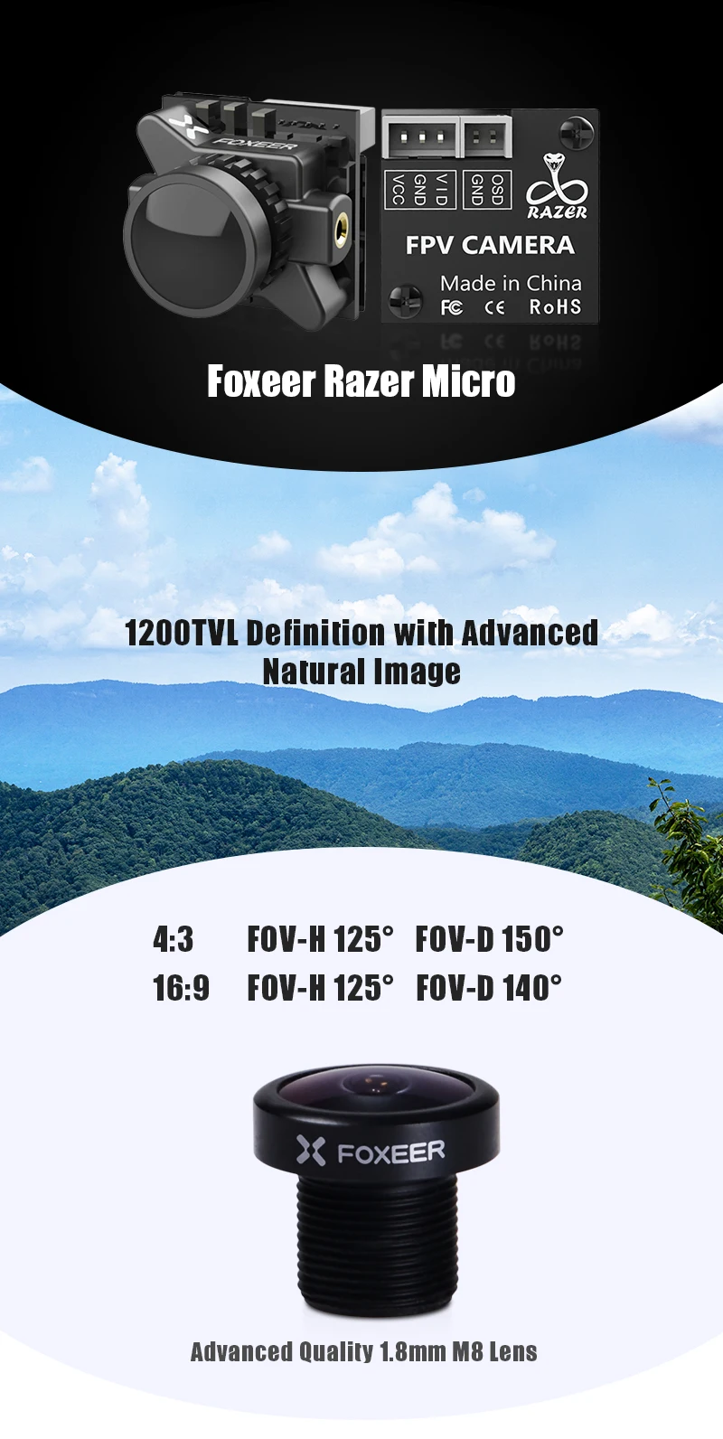 Новое поступление Foxeer razer Micro 1200TVL FPV камера 1,8 мм 16:9/4:3 PAL/NTSC переключаемая CMOS 1/3 с 4,5-25 в для гоночного дрона FPV