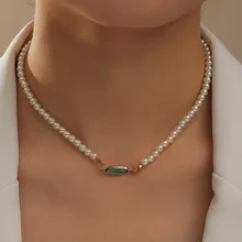 

Fashion Boho Vintage Glass Gems Green Emerald Necklace Pearl Beads Choker Clavicle Chain Necklaces for Women Jewelry Girls Party