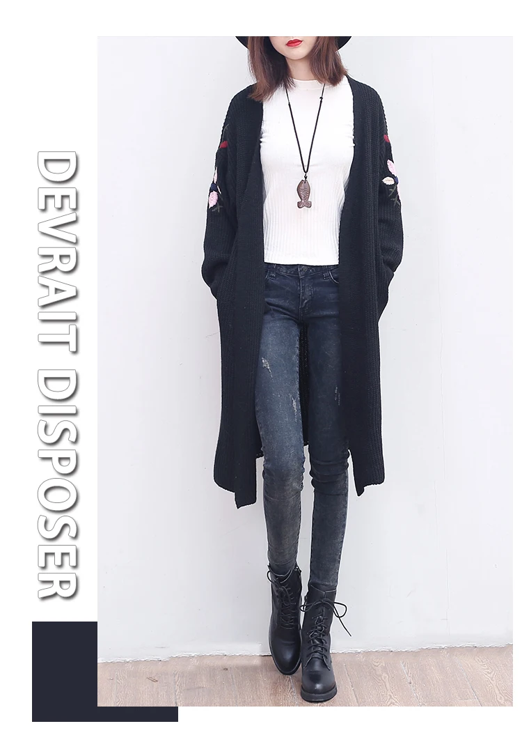 Qh2018 Autumn New Style Large Size Dress Medium-length Versatile Embroidery Long Sleeve Knitted Coat Women's Hot Selling