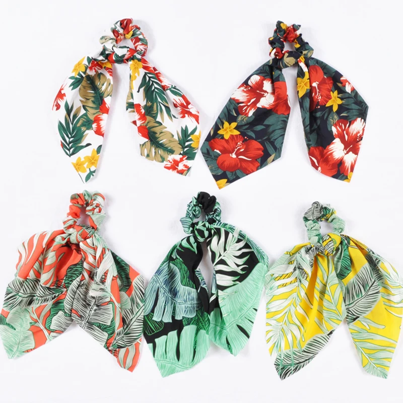 

Vintage Women Scarf Hair Scrunchies Ponytail Holder Summer Flower Elastic Hair Bands Handmade Long Ribbon Hair Ties for Girls