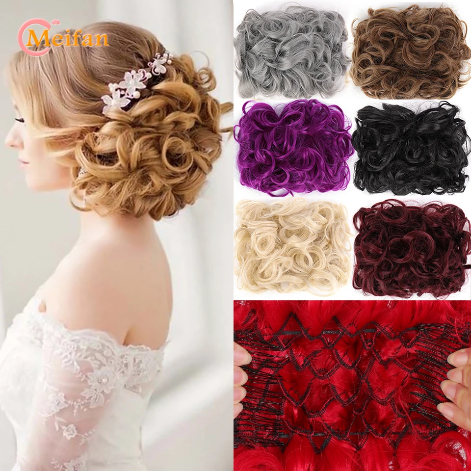 MEIFAN-moño rizado para cabello para novia, postizo grande para cabello con peine, pinzas para cola de caballo, extensión de pelo sintético Natural falso