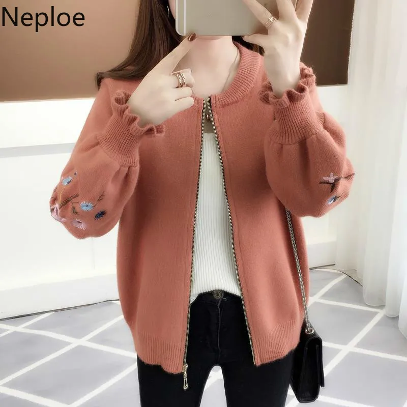 Neploe, тонкий кардиган, свитер, новинка, Mujer, пальто, женский кардиган, вышивка, цветочный рисунок, длинный рукав, вязаный кардиган, Feminino, топы, 45444