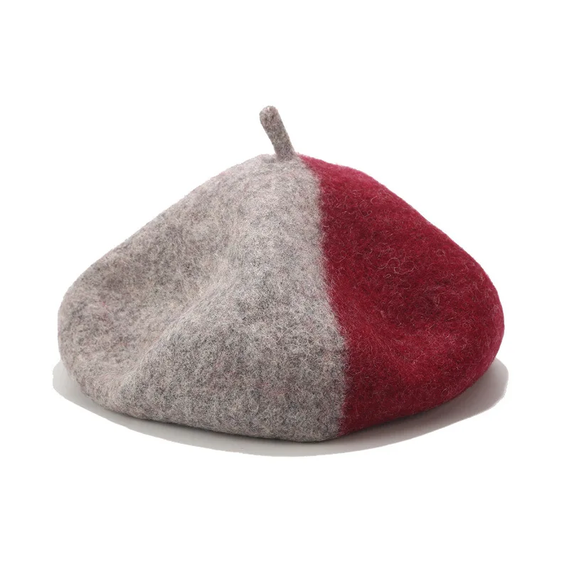 M&D Autumn/winter new collection wool felt beret splicing gentle color patchwork - Цвет: Grey Wine red