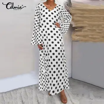 

Celmia 2020 Autumn Fashion Long Sleeve Womens Dresses Polka Dot Casual Loose V Neck Tunic Maxi A-Line Dress Party Vestidos