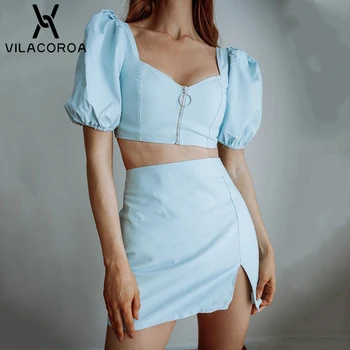 

Fashion Two Piece Set Women Office Lady Clothes Low Chest Short Sleeve Zipper Cropped Tops Split Mini Dress 2 Piece Set Women