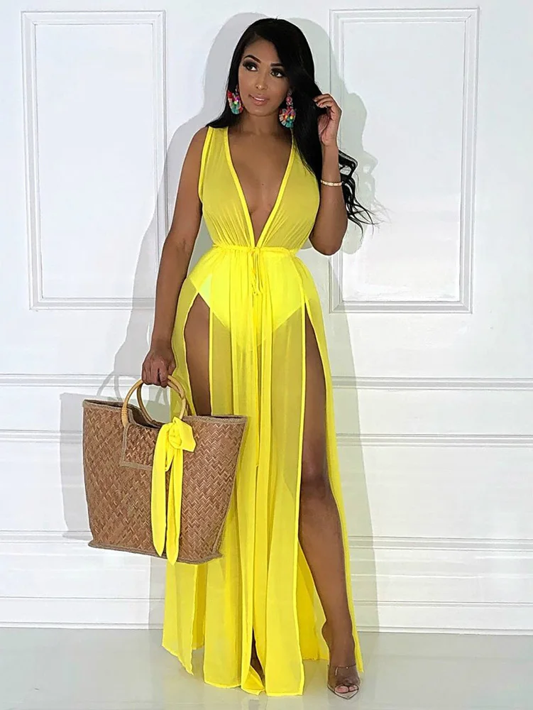 Loose Chiffon Beach Dress Sexy Women Solid Elegant Split Summer Maxi Dress Vestidos 2