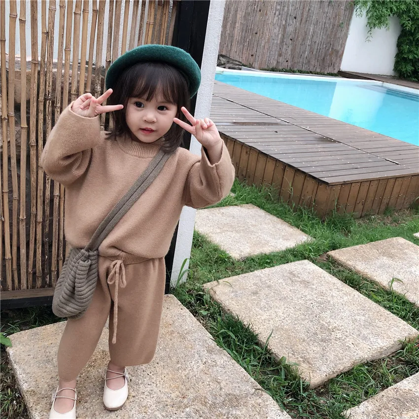 

2019 Autumn New Products Korean-style Girls Casual Loose Core-Spun Yarn Sweater Set Children Knitted Piece Fashion