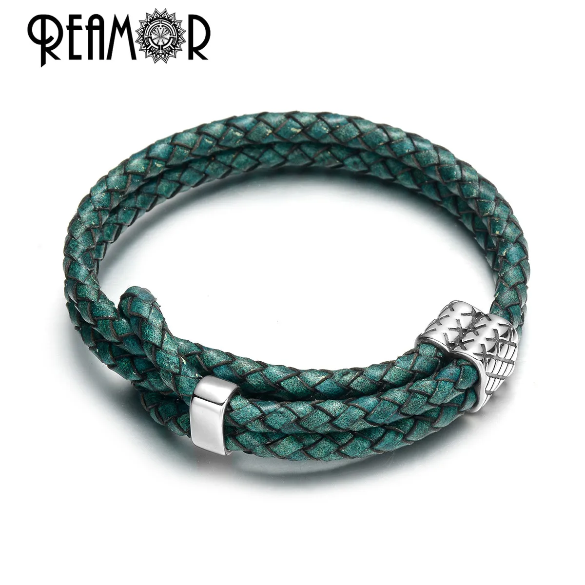 

REAMOR Retro Green Blue Cowhide Genuine Leather Adjustable Bracelet Men Stainless steel Beads Handmade Braided Bracelets Bangles