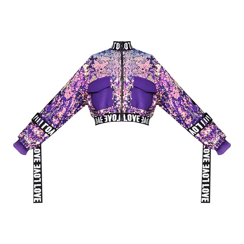 Purple tops Одежда для джазовых танцев красная/фиолетовая одежда для подиума с длинными рукавами и блестками танцевальные костюмы в стиле хип-хоп детская одежда для бальных танцев DQL2956 - Цвет: Purple tops
