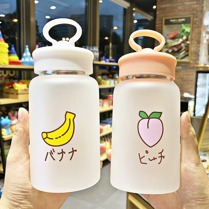 New Kawaii Fruit Frosted Glass Water Bottle  Portable Cute Girl Students Kids  Sports Bottles Creative Mobile Phone Bracket Cup