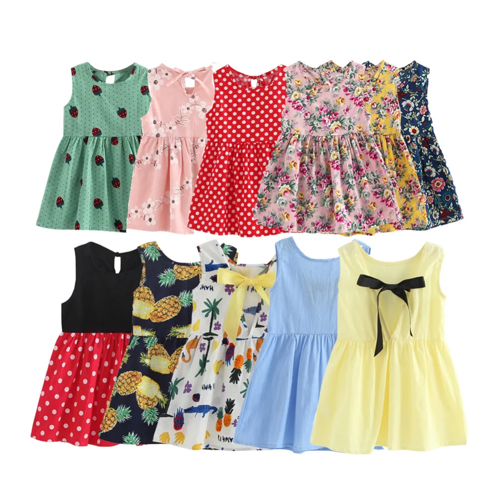 Children Dresses Kids Girl Sleeveless Flower Print Cotton and Linen floral Dress Baby